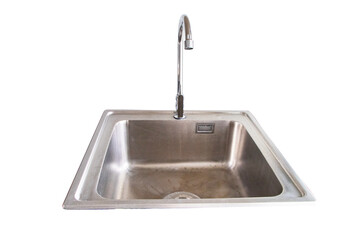 Kitchen sink modern detail with polished chrome silver faucet black isolated on cut out PNG or transparent background. Minimalist design and materials add touch of elegance to kitchen.