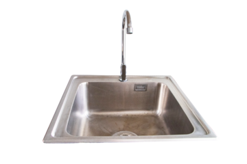 Kitchen sink modern detail with polished chrome silver faucet black isolated on cut out PNG or transparent background. Minimalist design and materials add touch of elegance to kitchen.