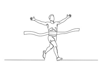 Runner crossing the finish line with arms raised in victory