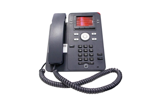 Black Office Phone isolated on cut out PNG or transparent background. Close up focus on telephone devices at operation room for customer service support. Business Communications technology Equipment.