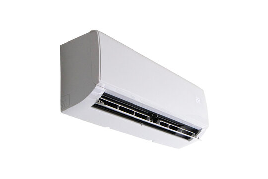 Modern Air conditioner in bedroom or living room of house, condo or office. Comfort temperature in room. Electrical cooling equipment technology. Isolated on cut out PNG or transparent background.