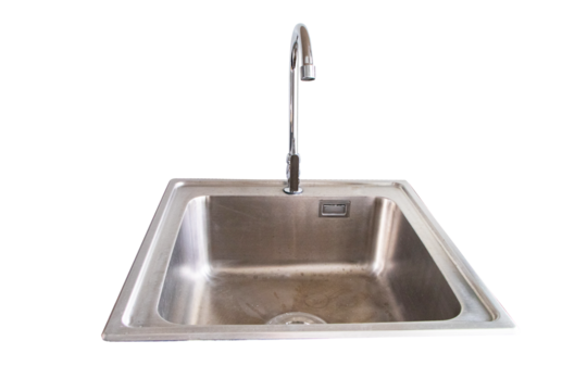 Kitchen sink modern detail with polished chrome silver faucet black isolated on cut out PNG or transparent background. Minimalist design and materials add touch of elegance to kitchen.