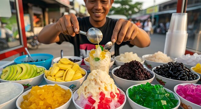 Street Vendor Preparing Halo-Halo Dessert in Philippines.