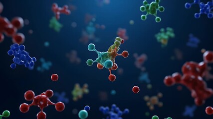 Colorful Molecular Structures Floating in a Dark Blue Space, Science and Research - Powered by Adobe