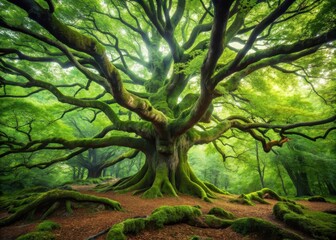 Fototapeta premium Aromatic resinous tree with twisted trunk and gnarled roots in a lush green forest environment