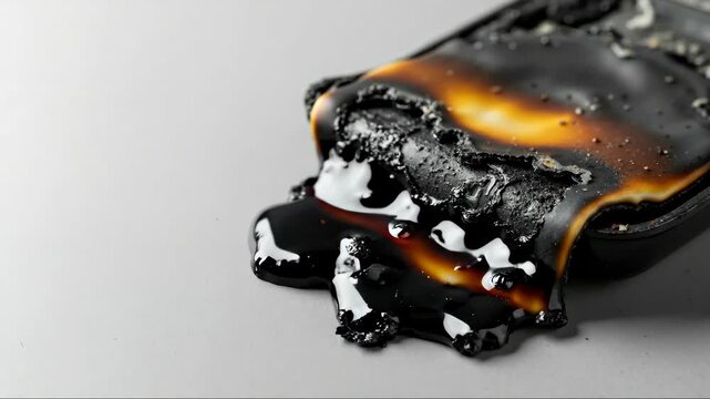 Burned electronic device melting with black tar and orange glow close macro toxic smoke risk fire damage safety warning repair service insurance claim tech failur
