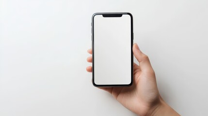Hand Holding Smartphone with Blank Screen on White Background