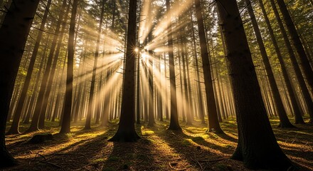 Fototapeta premium Sunlight streams through tall trees in a dense forest