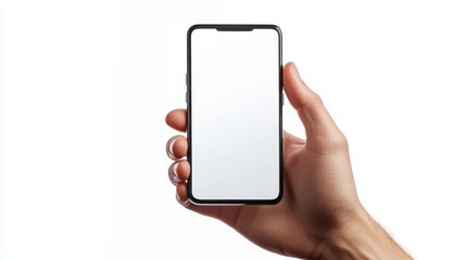 Hand Holding Smartphone with Blank White Screen Against White Background