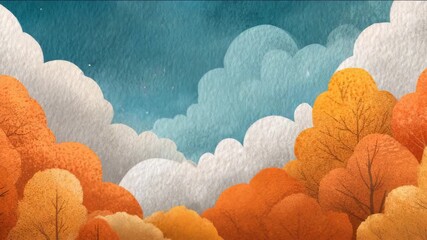 Autumn landscape illustration featuring vibrant orange pumpkins surrounded by colorful foliage and soft clouds against a blue sky, creating a warm seasonal atmosphere	 - Powered by Adobe