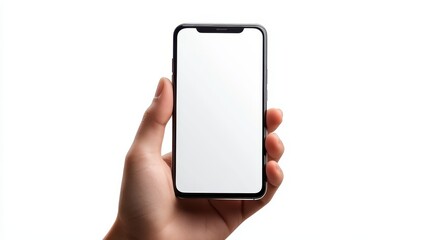 Hand Holding Smartphone with Blank White Screen Against White Background