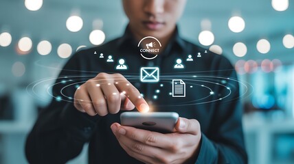 Man using smartphone with digital network of communication and data icons mobile phone technology