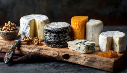 French Cheese Platter with Spanish Dulce de Membrillo as top view on a wooden board