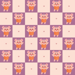 seamless pattern cute cartoon pig wearing swimsuit. cute summer pattern in purple patchwork style