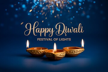 Three lit diya lamps for diwali celebration on dark blue background with sparkles