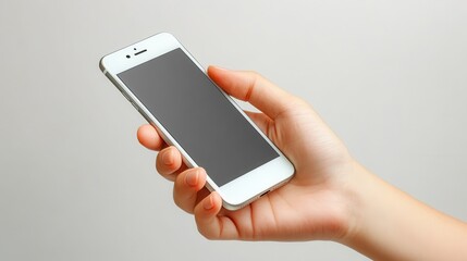 Hand Holding White Smartphone Against Gray Background