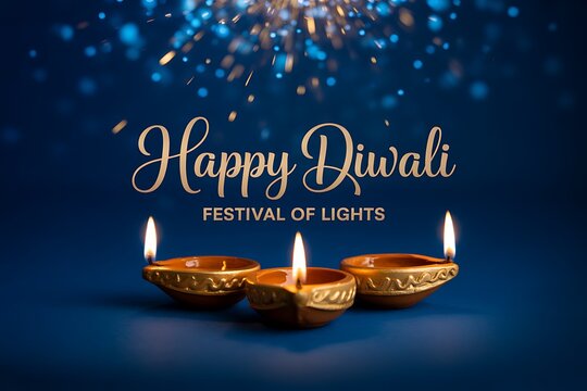 Three lit diya lamps for diwali celebration on dark blue background with sparkles - Powered by Adobe