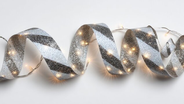 Silver and grey striped ribbon with string lights, curled