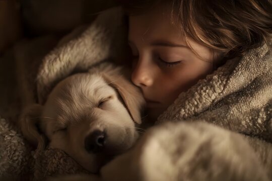 Warm blanket, sleeping child, soft lighting.