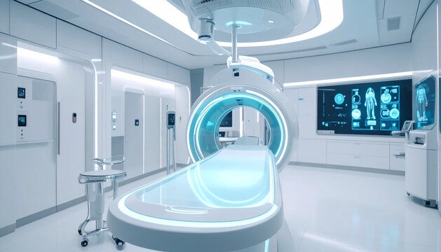 Futuristic high-tech medical imaging room with advanced scanner and glowing blue lights, showcasing modern healthcare technology in a sterile clinical environment.