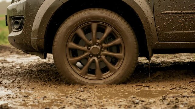 Spinning car wheel splashing mud on rough road dynamic offroad scene close view power traction adventure transport service promo background 


