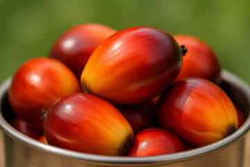 Fototapeta premium Close-up fresh palm oil fruits in stainless steel bowl
