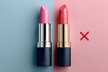 Fototapeta premium Pink and coral lipsticks with navy blue cases makeup beauty