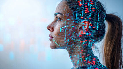Digital representation of human profile with futuristic overlay of data and technology, showcasing integration of human features and digital elements, evoking sense of innovation and advancement