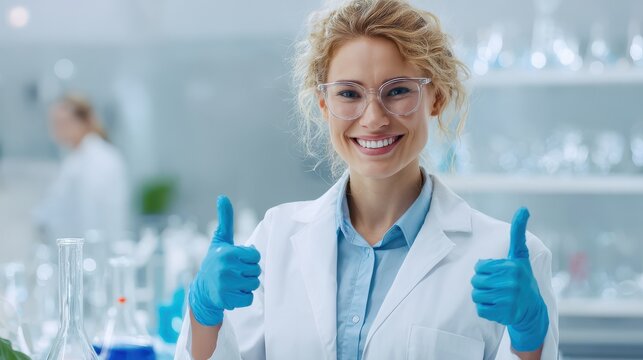 Female Scientist with Thumbs Up in Laboratory