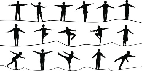 Silhouette people balancing on wavy lines, abstract minimal vector illustration for creative design, movement, harmony, mindfulness, stability, modern backgrounds artwork