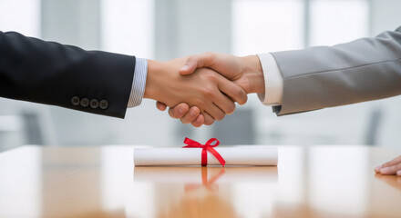 Two men shaking hands over a diploma certificate on a desk. Graduation and business partnership concept for success and achievement.
