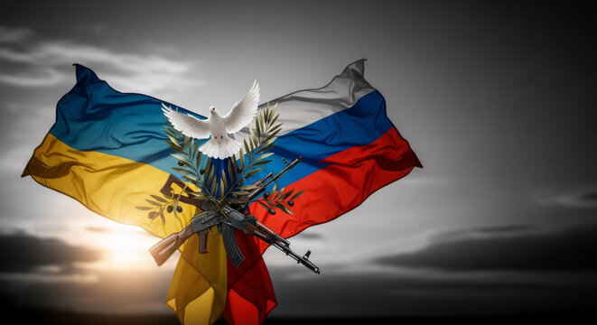 Ukrainian and russian flags symbolizing conflict and hope. Olive branch with dove over rifle. Peace over war concept.