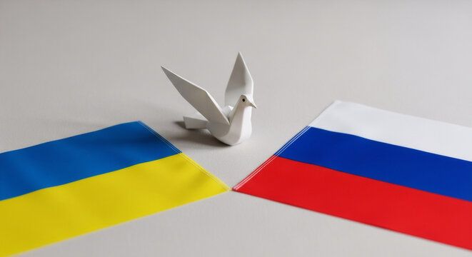 A white origami dove sits between Ukrainian and Russian flags, symbolizing peace and diplomacy. Hope for conflict resolution and global unity.