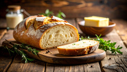 Freshly baked rustic artisan bread loaf with a slice, butter, and rosemary on a wooden board.