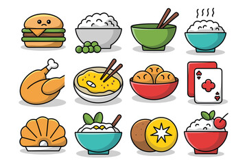 Twelve colorful cartoon food icons including burger rice chicken and fruit hamburger