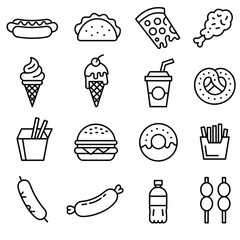 Set of sixteen black and white line art icons of popular fast food items hot dog taco