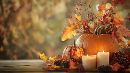 An enchanting autumn scene featuring a lively turkey, colorful pumpkins, and stunning, vibrant fall foliage - Powered by Adobe