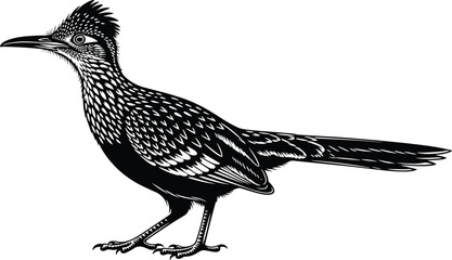 Detailed black and white roadrunner bird illustration in side profile, perfect for wildlife vector art, nature drawing, and animal design themes.