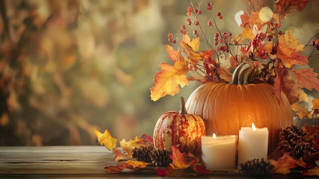 An enchanting autumn scene featuring a lively turkey, colorful pumpkins, and stunning, vibrant fall foliage