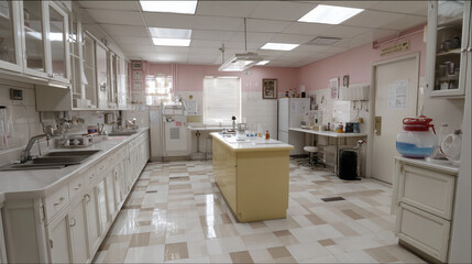 Bright laboratory interior, clean workspace, tiled floor, white cabinets, scientific equipment