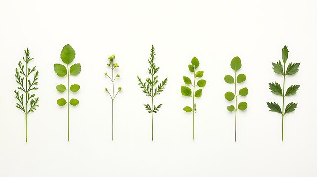 Collection of delicate green plant stems on a white background