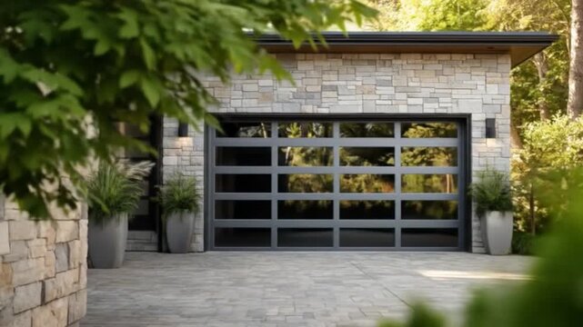 Modern stone-clad garage of a contemporary home surrounded by lush greenery, showcasing a serene suburban setting with soft natural light filtering through the trees