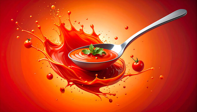 Tomato sauce splash with spoon and cherry tomatoes, vibrant red illustration - Powered by Adobe