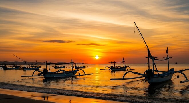 Traditional Balinese fishing boats on the beach during a beautiful golden sunset.