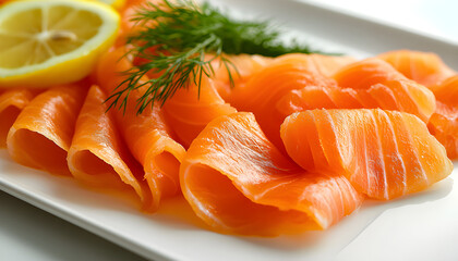 Sliced salmon with lemon on the plate on the table