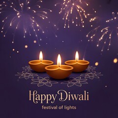 Three glowing diya lamps with fireworks for the hindu festival of lights diwali