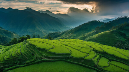 Fototapeta premium Green rice terraces with morning mist, traditional agriculture concept