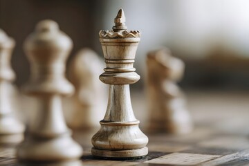 Fototapeta premium King chess piece stands on a blurred board with soft lighting.