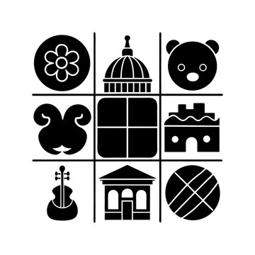 Black and white tic tac toe grid filled with flower dome bear ram windows castle violin building ball