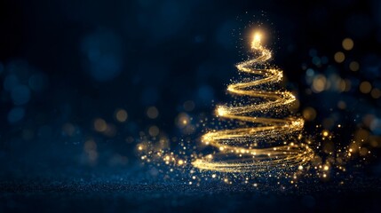 Golden Light Christmas Tree on Blue Background